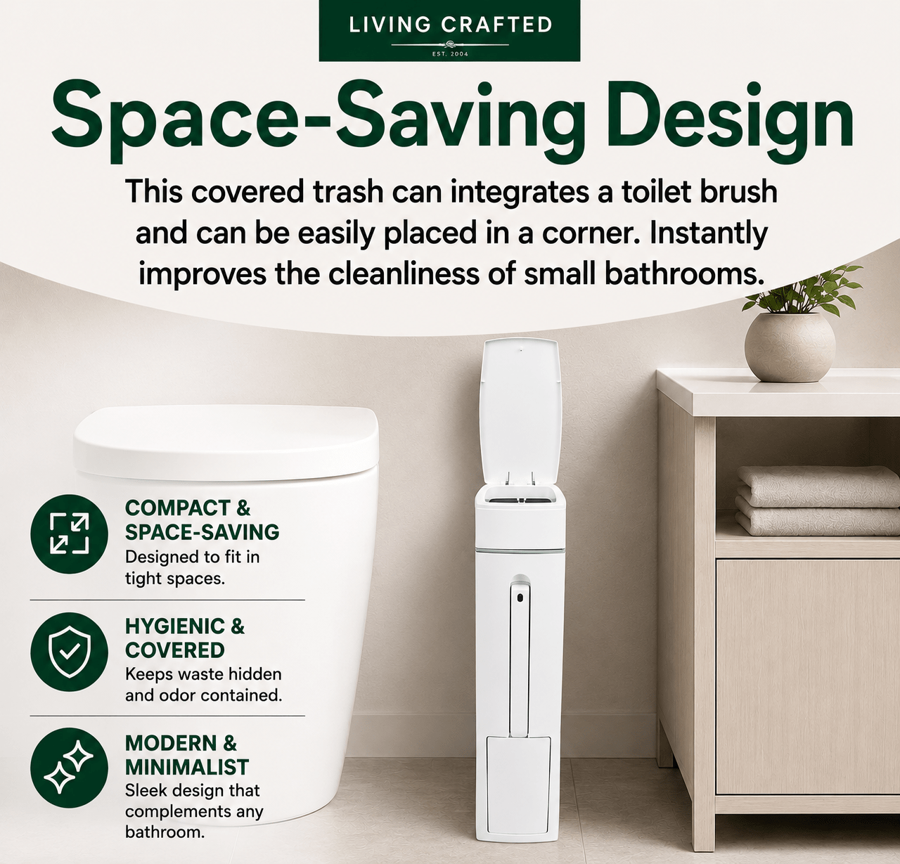 Modern Slimline Bathroom Bin with Brush - Living Crafted