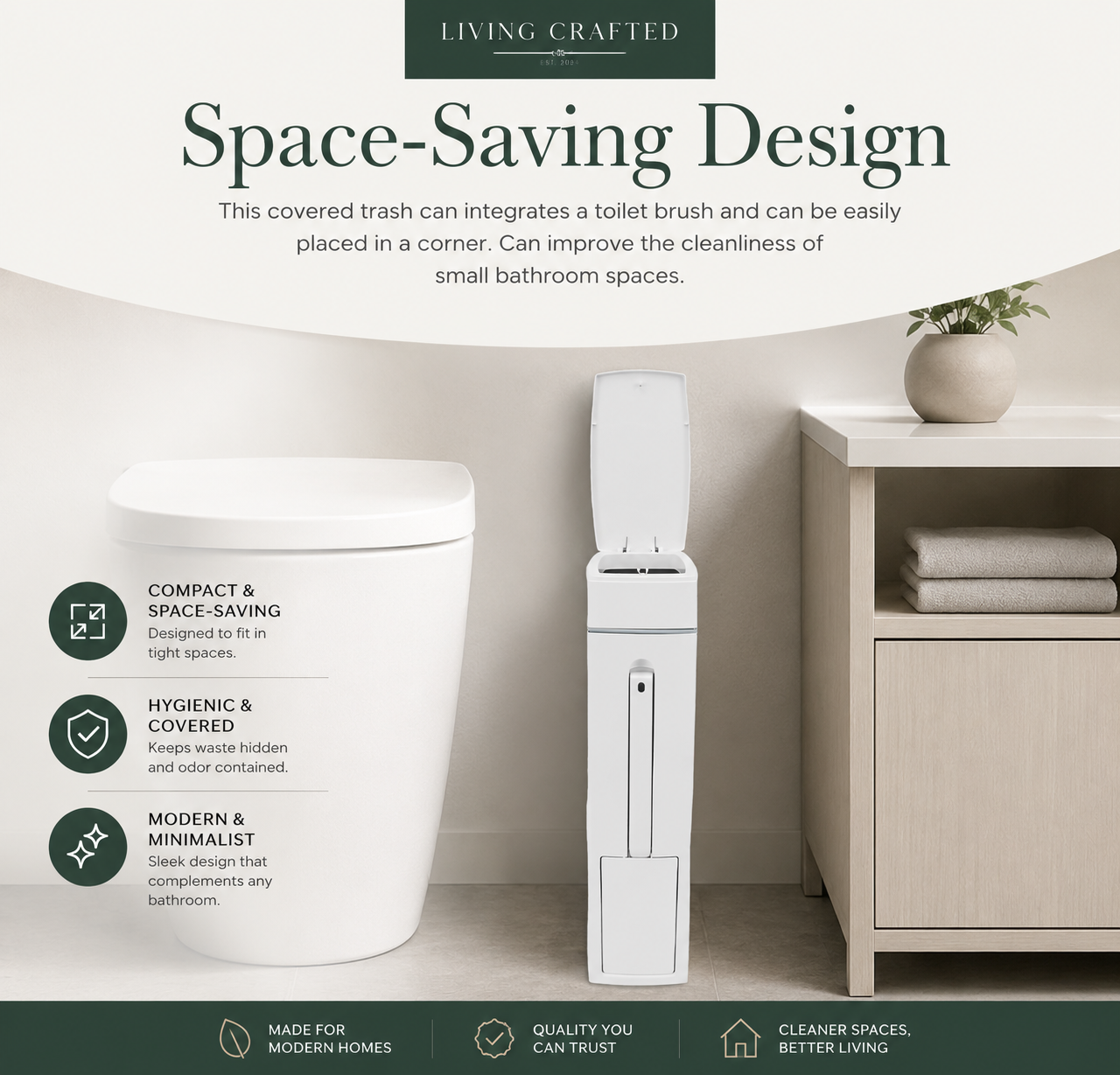 Modern Slimline Bathroom Bin with Brush